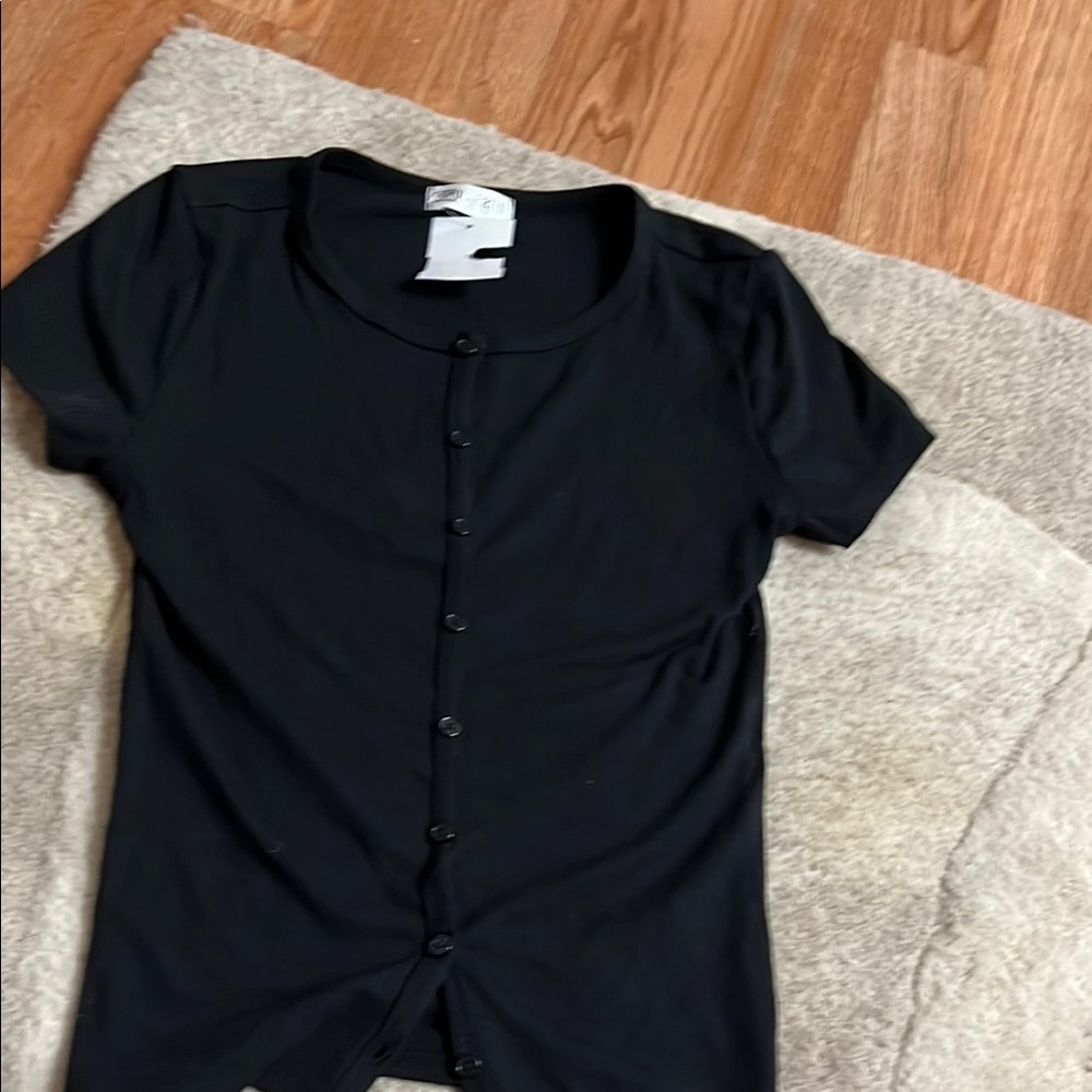 Black Short Sleeve Button-Up Top